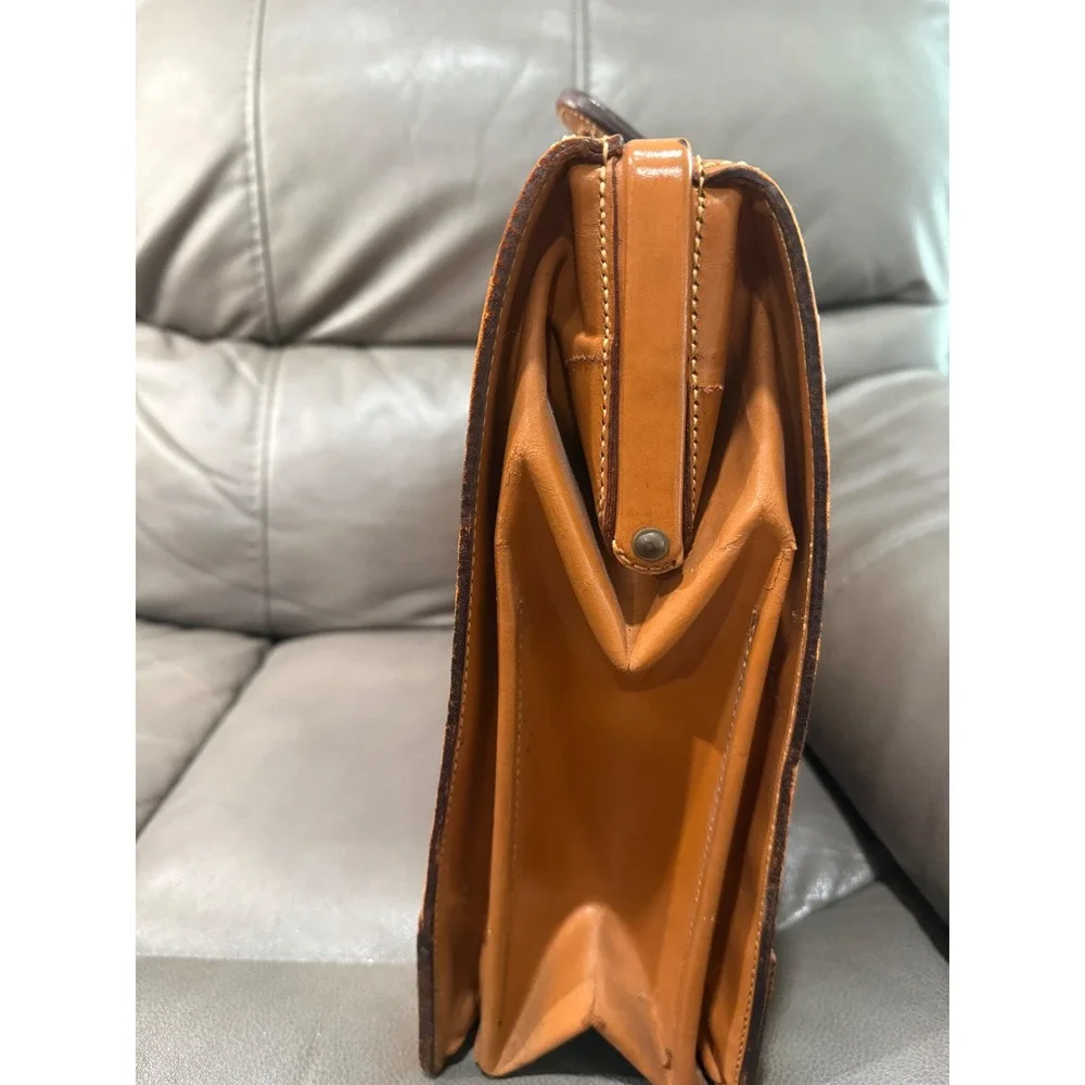 Vintage Tan Leather Briefcase Brass Lock Accordion Document Bag H.S.